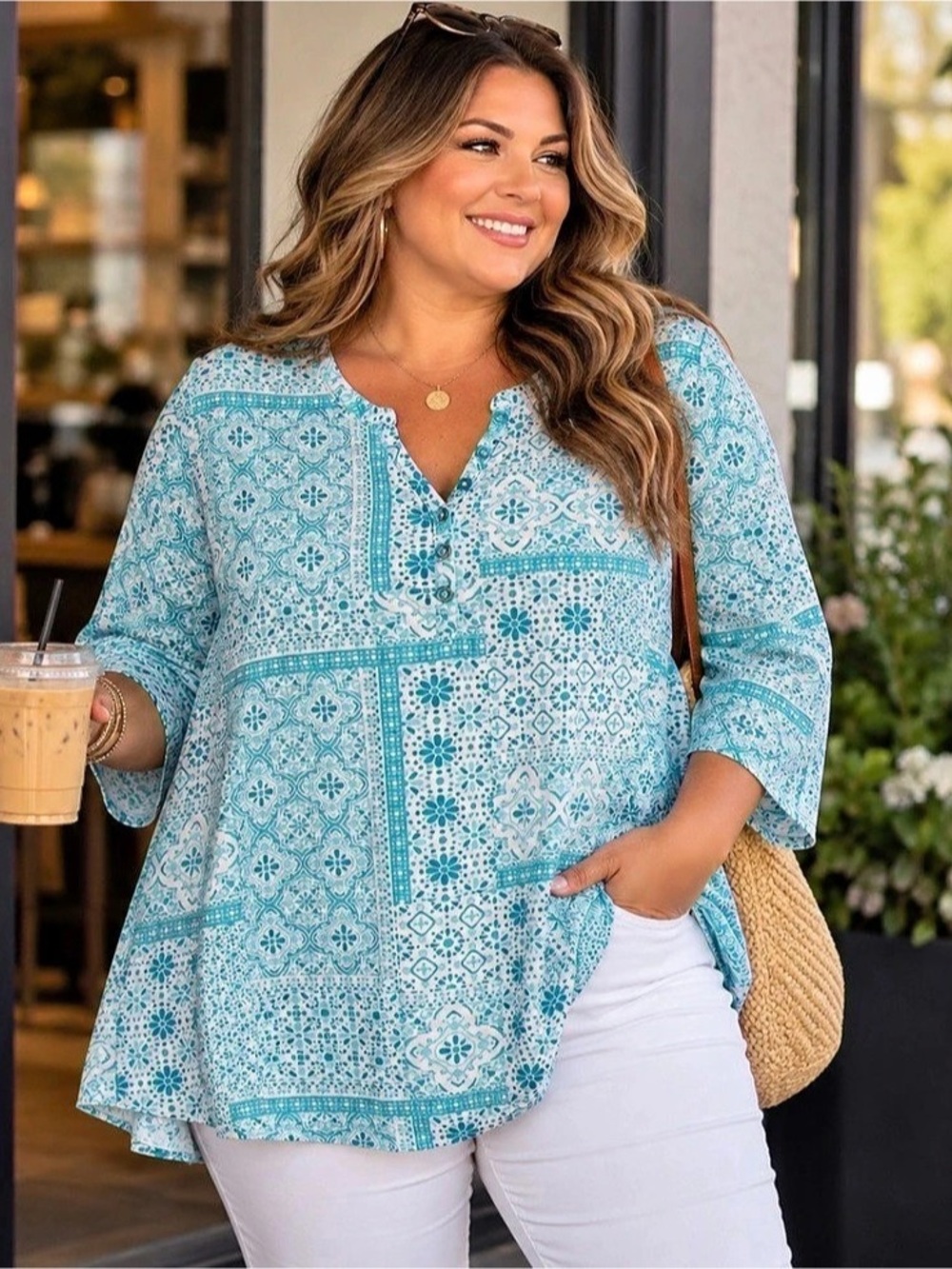 BLAIR Patchwork 3/4 Sleeve Top Plus Size Aqua and White. Size 2X